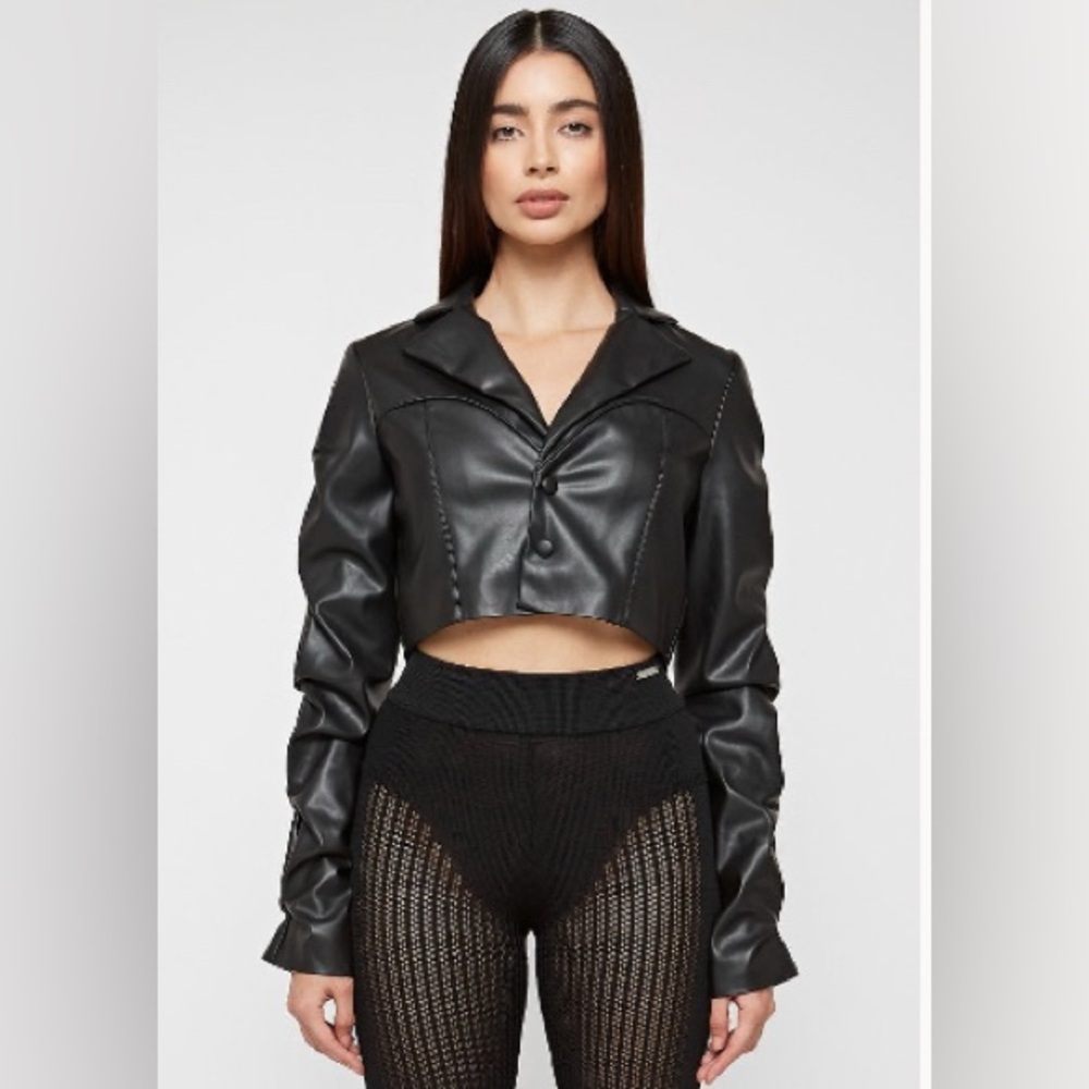 Maniere De Voir Black Leather Cropped Jacket